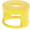 A small, round, yellow plastic object with a circular hole in the center, resembling a spool or bobbin.