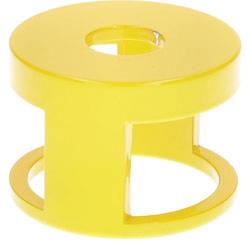 A bright yellow, cylindrical object with open sides and a central hole, resembling a plastic spool or industrial component.