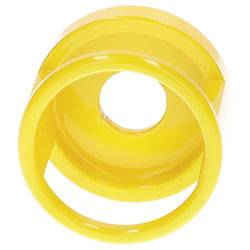 A yellow, circular plastic object with a central hole and a curved design, possibly a component or decorative item.