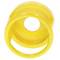 A yellow, circular plastic object with a central hole and a curved design, possibly a component or decorative item.
