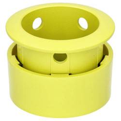 A yellow cylindrical object with holes, possibly a part or adapter, designed for mechanical or plumbing purposes.