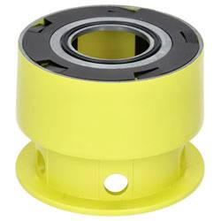 A yellow mechanical part resembling a coupler or bearing, with a cylindrical shape and a central hole, possibly used in machinery.