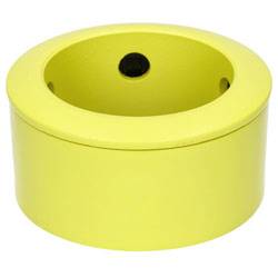 A bright yellow, round container with a black plug on its top, possibly used for holding and managing cables.