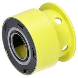 Yellow cylindrical mechanical coupling with black lining and metal center, featuring holes for attachment. Used in machinery for joining parts.