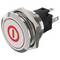 'Round metal switch with red power symbol'