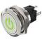 'Metal push button switch with green power icon; round, silver and black design; used for electronic devices.'