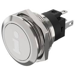 'A metal push button switch with an 'i' information symbol.'