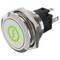 A metallic push button switch with a green power symbol.