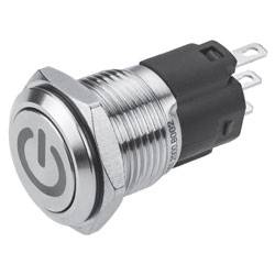 A silver and black metal push-button switch with a prominent power symbol on its surface, featuring three connectivity prongs at the back.