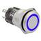 A metallic push button switch with a blue LED ring, used for electronics, showing a side view of the terminals and button design.