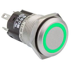 A metallic push button switch with a glowing green LED ring around the base, used in electronic circuits for control functions.