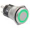 A metallic push button switch with a glowing green LED ring around the base, used in electronic circuits for control functions.