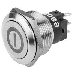 A metal on/off push button switch with a circular design, featuring three prongs at the back for electrical connections.