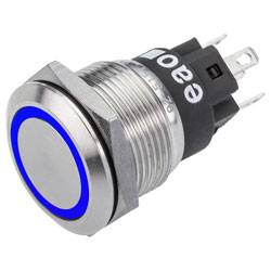 A metal push button switch with a blue LED ring, designed for panel mounting, featuring terminal connections at the back.