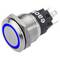 A metal push button switch with a blue LED ring, designed for panel mounting, featuring terminal connections at the back.
