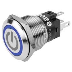 A chrome push-button switch with a blue power symbol on top, featuring a metallic body and electrical connectors on the back.