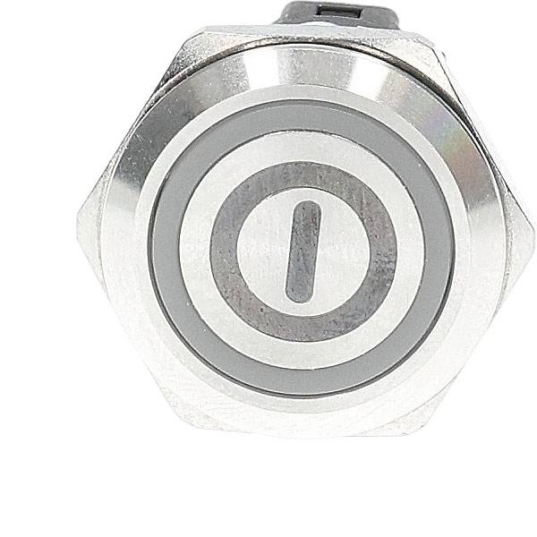 A metallic push button switch with a circular design, featuring a power symbol in the center.