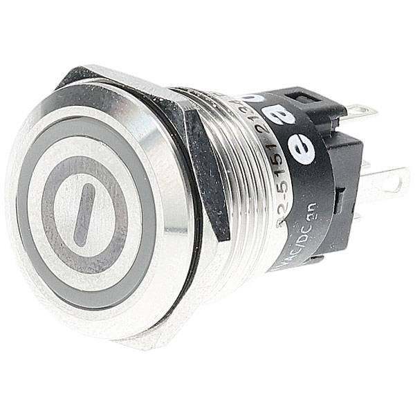 Round metal pushbutton switch with circular design and power symbol; side view shows three metal prongs for electrical connections.