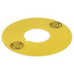 A yellow, circular disc with two logo markings near the edges, featuring a central hole.