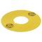 A yellow, circular disc with two logo markings near the edges, featuring a central hole.