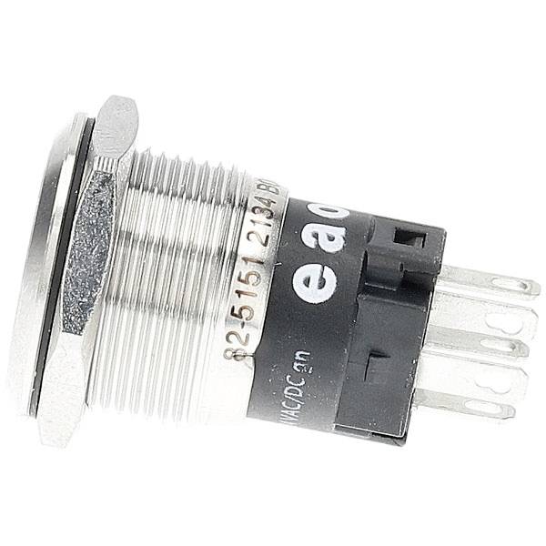 'A rotary encoder with a threaded metal body, five pins for electrical connections, and labeled numbers on its side.'