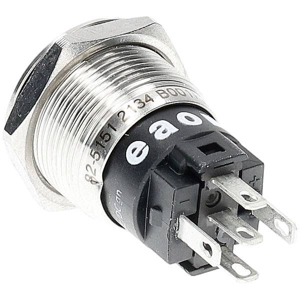 'A metallic push button switch with threaded body and multiple electrical connectors, featuring the brand name 'EAO' and model number.'