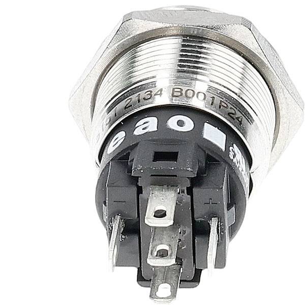 A metallic circular switch with four metal prongs, labeled '2.134 B001P24' and 'EAO', used for electrical connections.