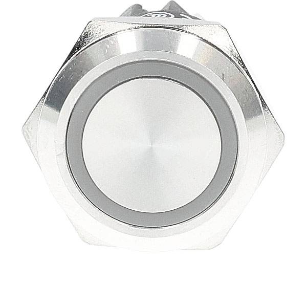 Round metallic button with a flat top and hexagonal base, reflecting light, designed for electronic devices or machinery control.