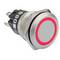 A round, metallic push button switch with a red LED ring and two connection terminals is shown.