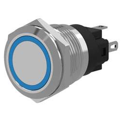 A silver metal push button switch with blue circular trim, mounted and ready for installation in an electronic device or panel.
