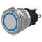 A silver metal push button switch with blue circular trim, mounted and ready for installation in an electronic device or panel.