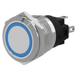 'Metal push button switch with a blue LED ring and threaded mount for panel installation, featuring two flat connection terminals.'
