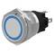 'Metal push button switch with a blue LED ring and threaded mount for panel installation, featuring two flat connection terminals.'