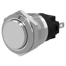 A metallic push button switch with a hexagonal base and a round button, suitable for mounting on panels or electronic devices.