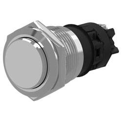 A round, metallic push button switch with a hexagonal base and threaded casing, suitable for panel mounting in electronic devices.
