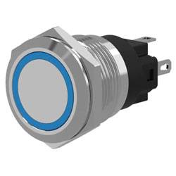 A close-up of a metallic, round push button switch with a blue LED ring, designed for use in electronic devices.