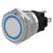 'Round metal push button with blue ring and threaded body for mounting.'