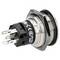 A metallic push button switch with four terminals is shown. It features a round, silver housing and is labeled with specifications.