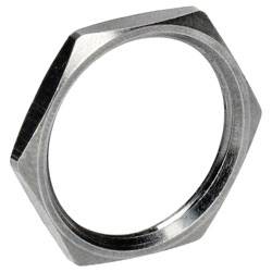 A close-up of a metallic hexagonal nut, typically used in fastening applications for mechanical assemblies or construction.