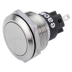 'Metal push button switch with a circular, stainless steel design and black base; used for electronic applications.'