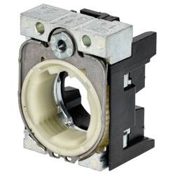 'Electrical contact block with metal and plastic components, used in industrial circuit applications for controlling electrical flow.'