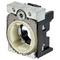 'Electrical contact block with metal and plastic components, used in industrial circuit applications for controlling electrical flow.'
