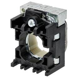 A black and silver contact block with connection points, typically used in electrical circuits for controlling switches and signals.