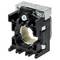 A black and silver contact block with connection points, typically used in electrical circuits for controlling switches and signals.