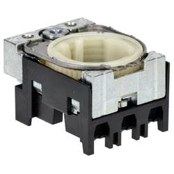 Square mechanical rotary encoder with metal top housing and dark plastic base, designed for mounting on electronic circuit boards.