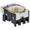 Square mechanical rotary encoder with metal top housing and dark plastic base, designed for mounting on electronic circuit boards.