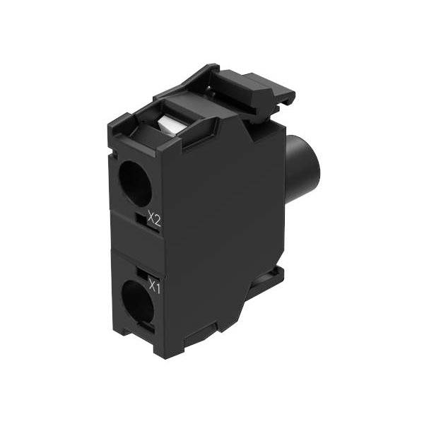 Black electrical component with two labeled ports 'X1' and 'X2', used for connection purposes, with a protruding knob for manual operation.