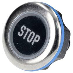 A round metallic button with the word 'STOP' on a dark background, indicating an action to cease or halt an operation.