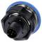 A four-pin male circular electrical connector with a blue and black plastic casing.