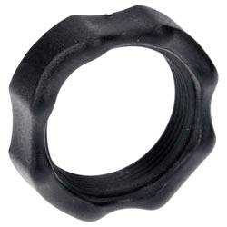 A black, hexagonal plastic nut with a threaded interior, used for securing or fastening purposes.